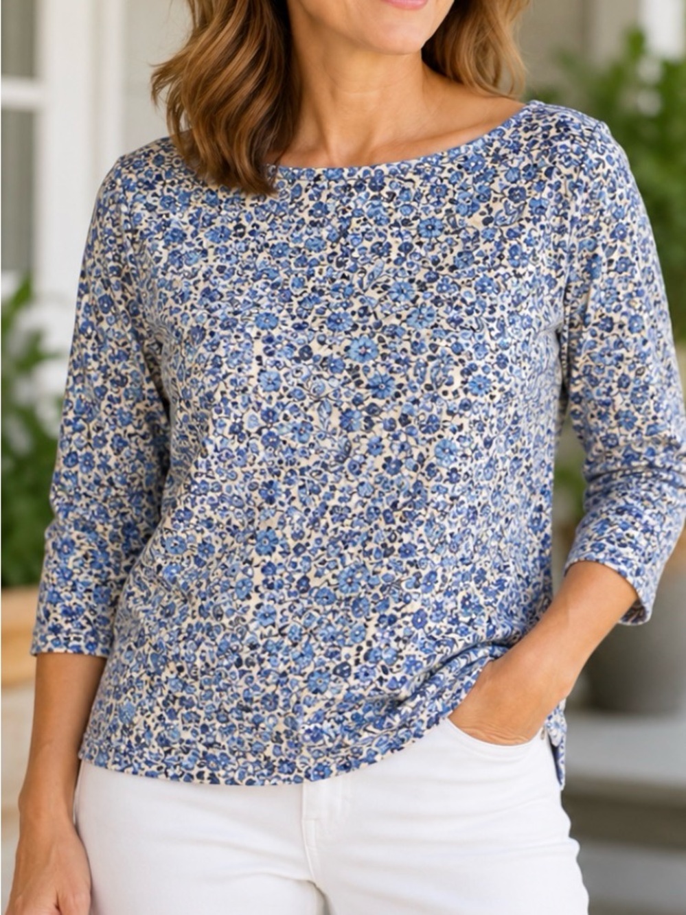 NWOT Croft & Barrow Boatneck 100% Cotton 3/4 Sleeve Top Cottagecore, XL